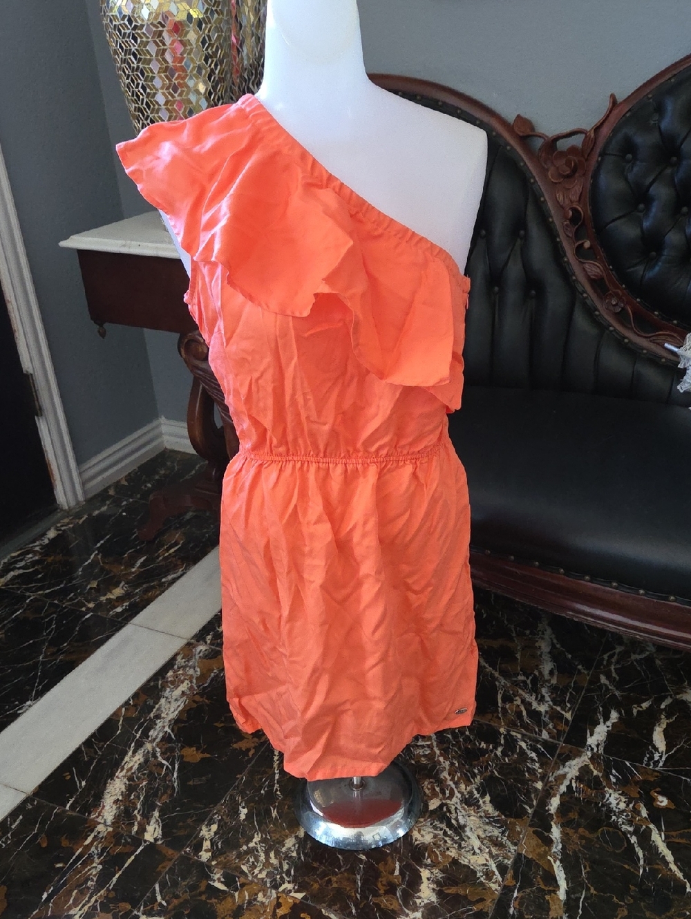 Guess Coral Orange One-Shoulder Ruffle Dress